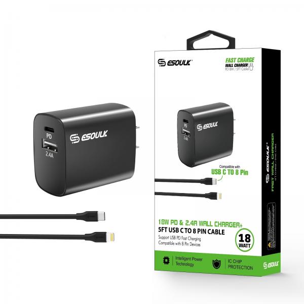 CARGADOR DUAL ESOULK 18W LIGHTNING TIPO C  // USB EC10P-CL