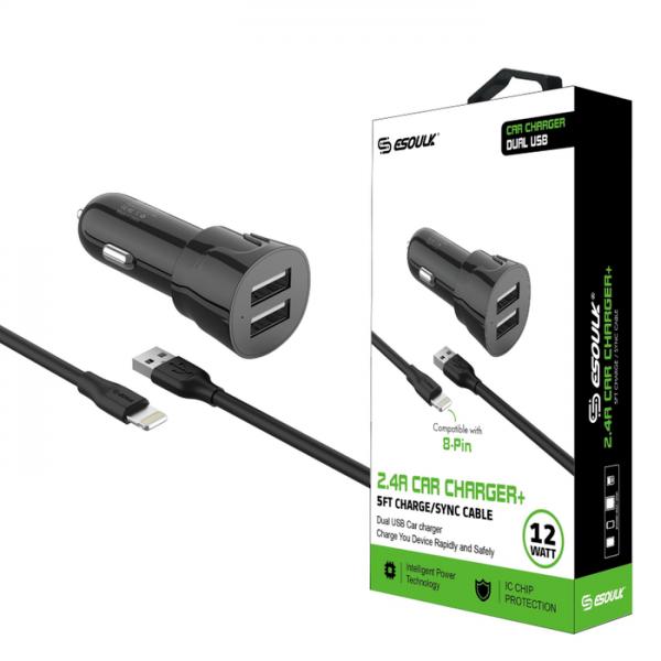 CARGADOR CARRO DUAL  ESOULK 18W TIPO C A LIGHTNING // USB EC09P-CL