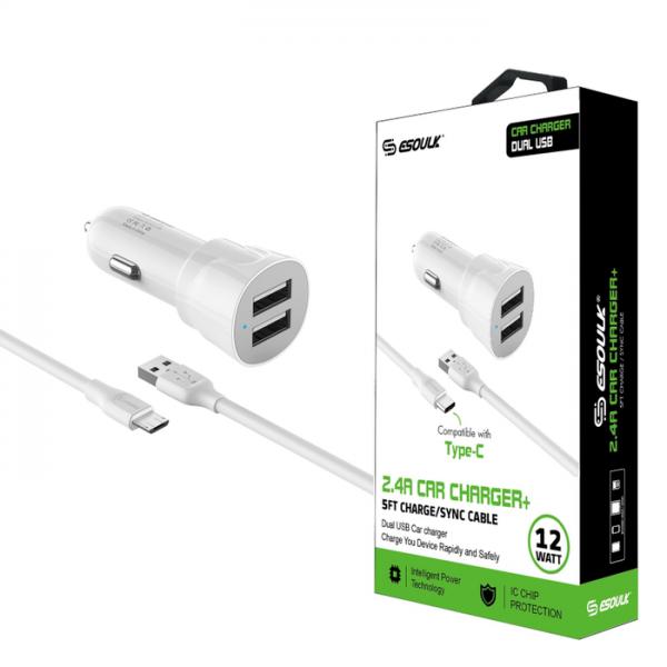 CARGADOR CARRO DUAL  ESOULK 18W TIPO C // USB EC09P-CC